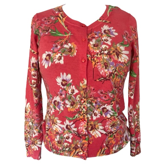 Talbots Sweaters - TALBOTS red orange Floral Button-Up long sleeve Cardigan cotton wool blend Sz: S